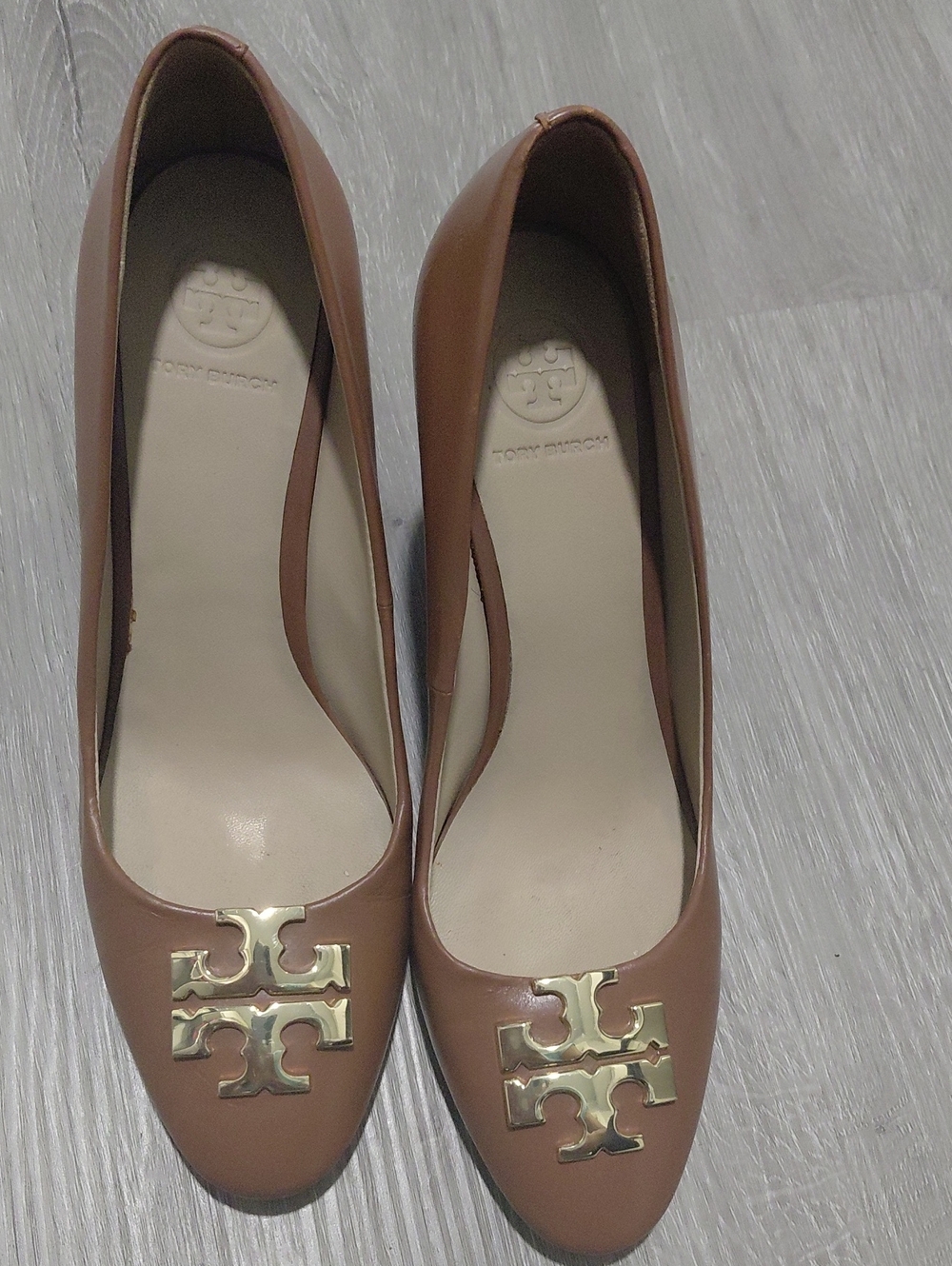 Tory Burch Brown Leather Logo Flats with Gold Emblem